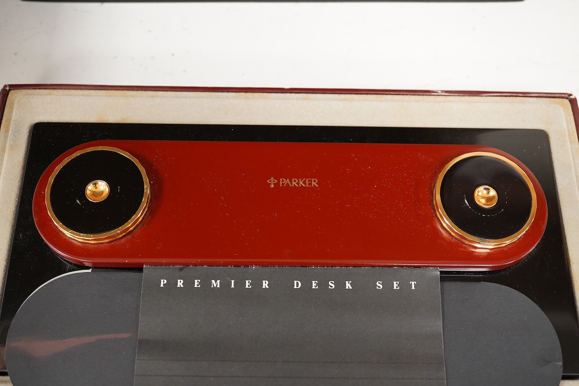 A Parker Premier Urushi lacquer desk set with Premier rollerball pens - rare example of a Parker Limited Edition